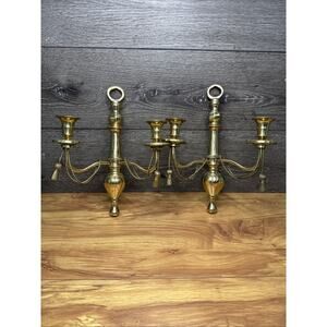 Solid Brass Double Arm Candle Sconce Rope & Tassel 12x9.5” ~set Of 2